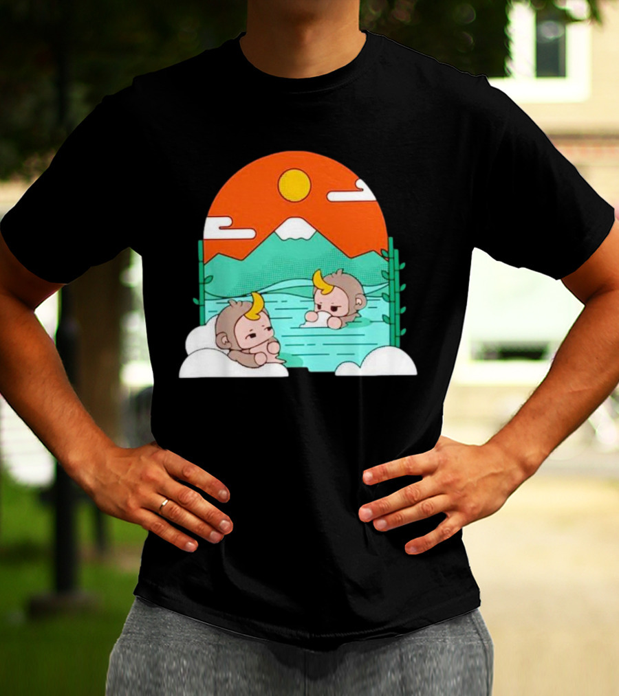 The Tranquil Monkey Hot Spring Relaxation Scene With Mountains And Sun T-Shirt
