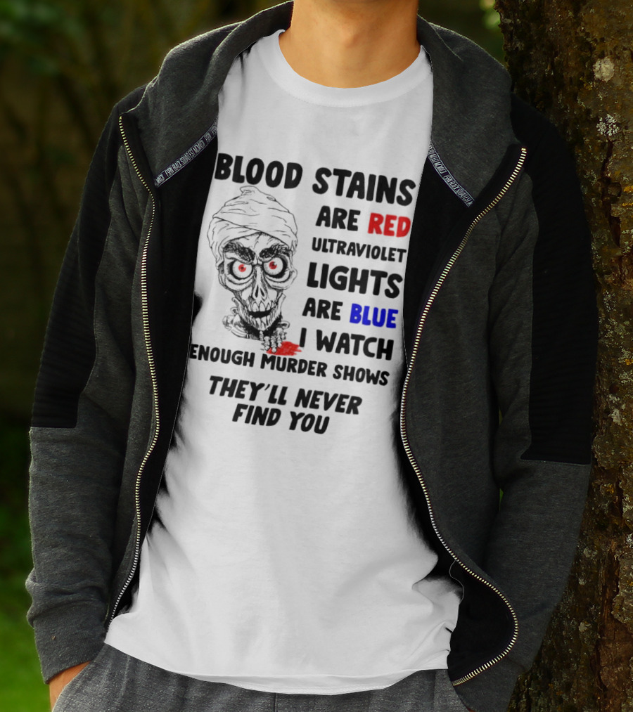 Blood Stains Are Red Ultraviolet Lights Are Blue I Watch Enough Murder Shows They'll Never Find You Skull T-Shirt
