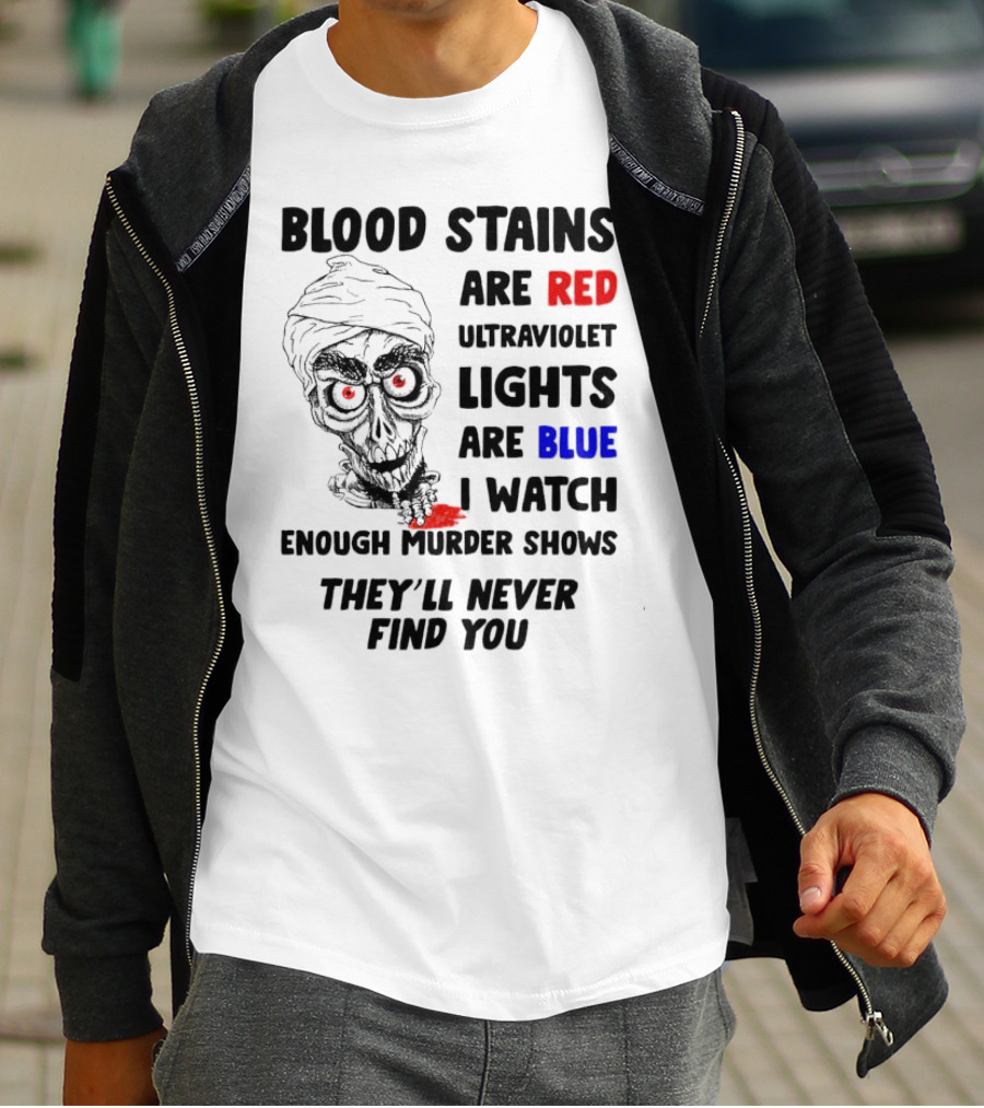 Blood Stains Are Red Ultraviolet Lights Are Blue I Watch Enough Murder Shows They'll Never Find You Skull T-Shirt