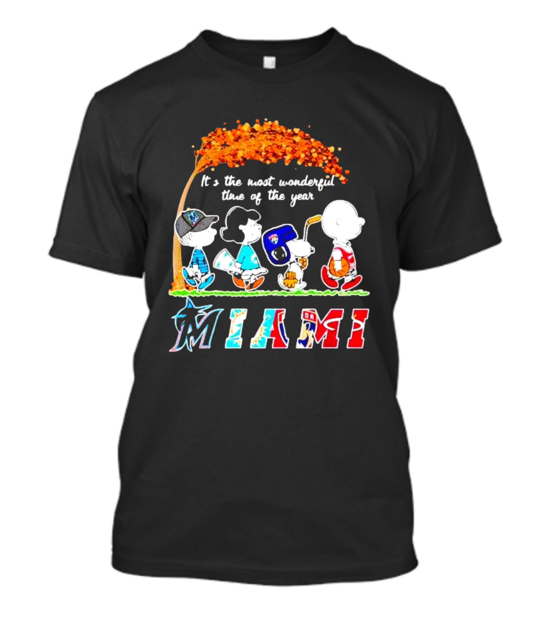 Miami Sports Peanuts Characters Walking Fall It's The Most Wonderful Time Of The Year T-Shirt