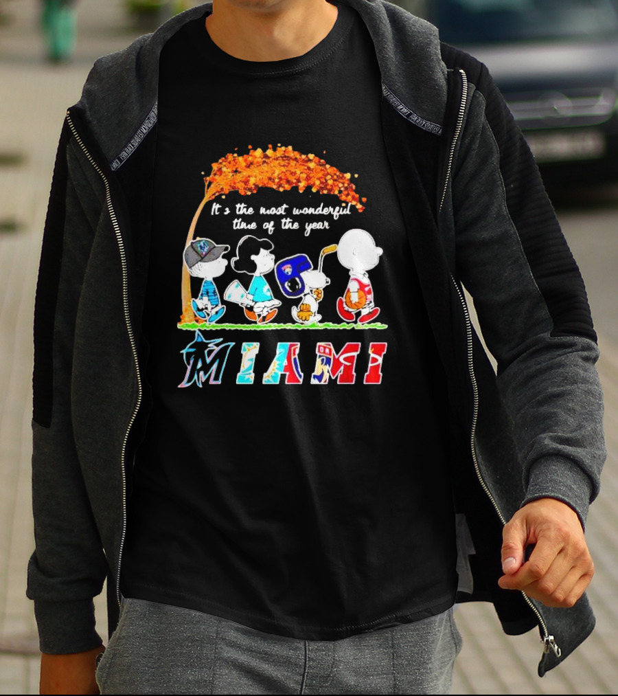 Miami Sports Peanuts Characters Walking Fall It's The Most Wonderful Time Of The Year T-Shirt