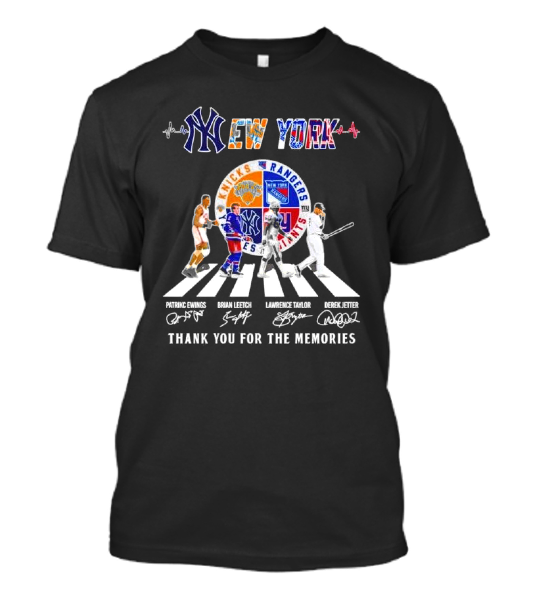 New York Knicks Rangers Giants Yankees Patrick Ewings Brian Leetch Lawrence Taylor Derek Jeter Abbey Road Thank You For The Memories Signatures T-Shirt