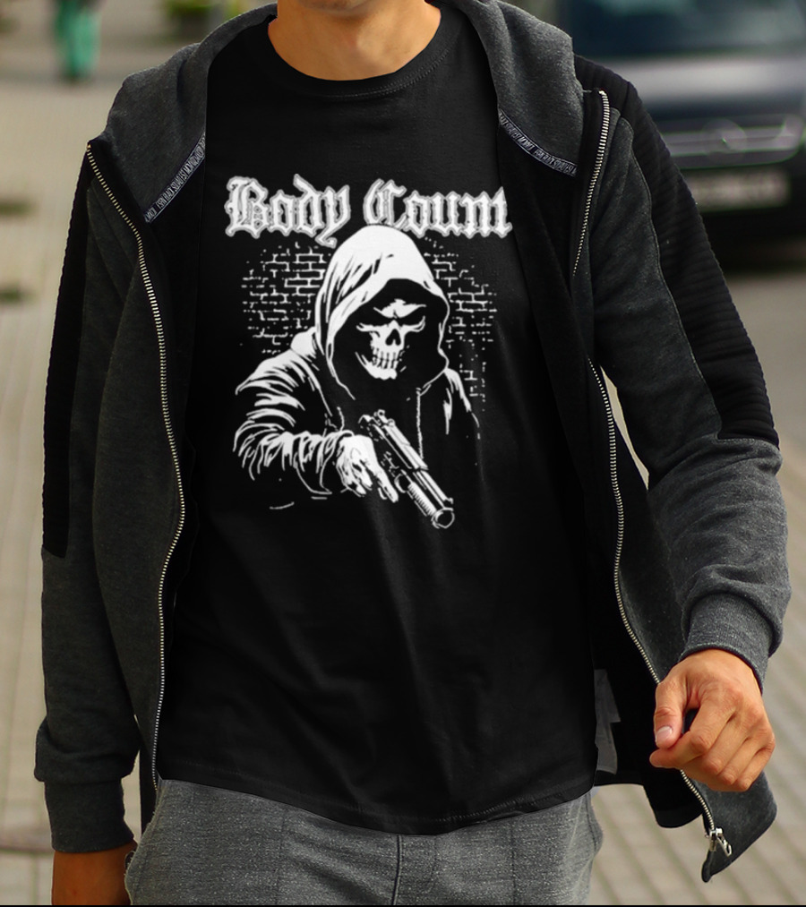 Body Count Hooded Skull With Gun Brick Wall Background T-Shirt