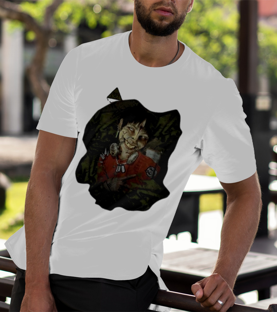 MG Ultra Kid Smiling Masked Figure With Red Outfit And Gas Mask Elements T-Shirt