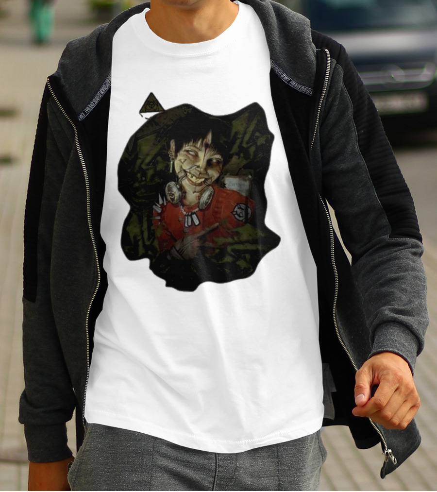 MG Ultra Kid Smiling Masked Figure With Red Outfit And Gas Mask Elements T-Shirt