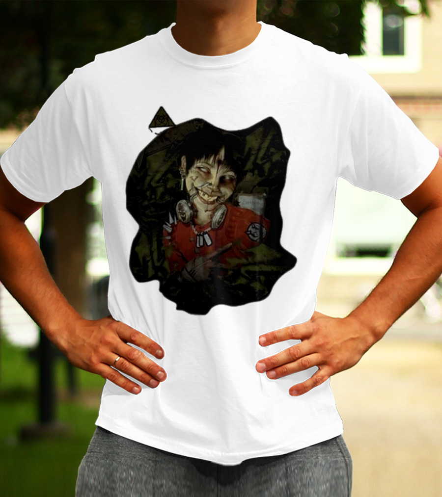 MG Ultra Kid Smiling Masked Figure With Red Outfit And Gas Mask Elements T-Shirt