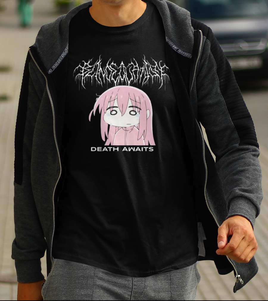 Bejalvin Death Awaits Pink Anime Character With Metal Band Style Lettering T-Shirt