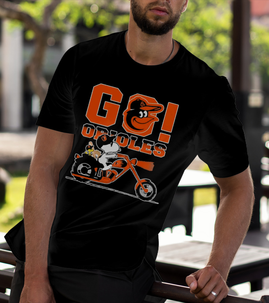 Baltimore Orioles Snoopy And Woodstock Ride Motorcycle Go Orioles T-Shirt