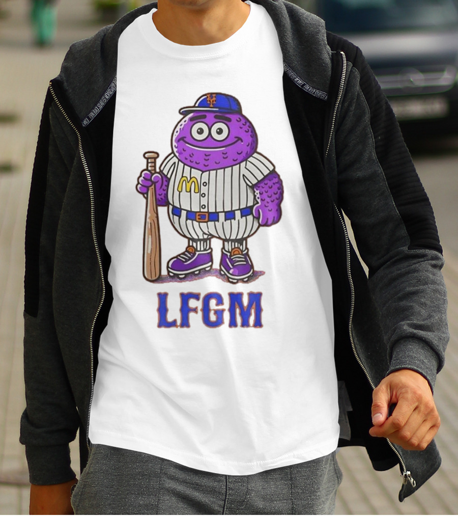 LFGM New York Mets Grimace Cartoon Baseball Bat Character T-Shirt