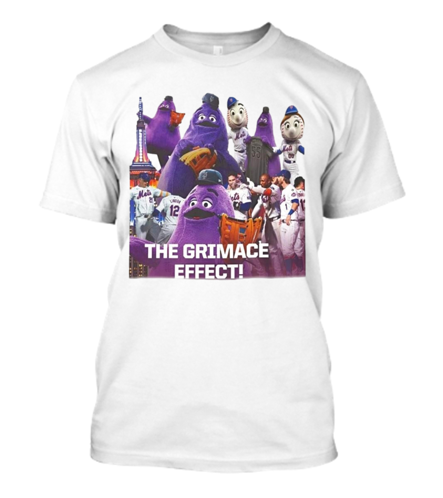 New York Mets The Grimace Effect Baseball Collaboration With Mascot Imagery And Player Interaction T-Shirt