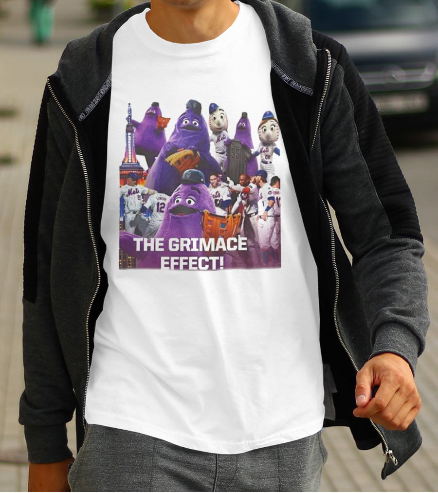 New York Mets The Grimace Effect Baseball Collaboration With Mascot Imagery And Player Interaction T-Shirt