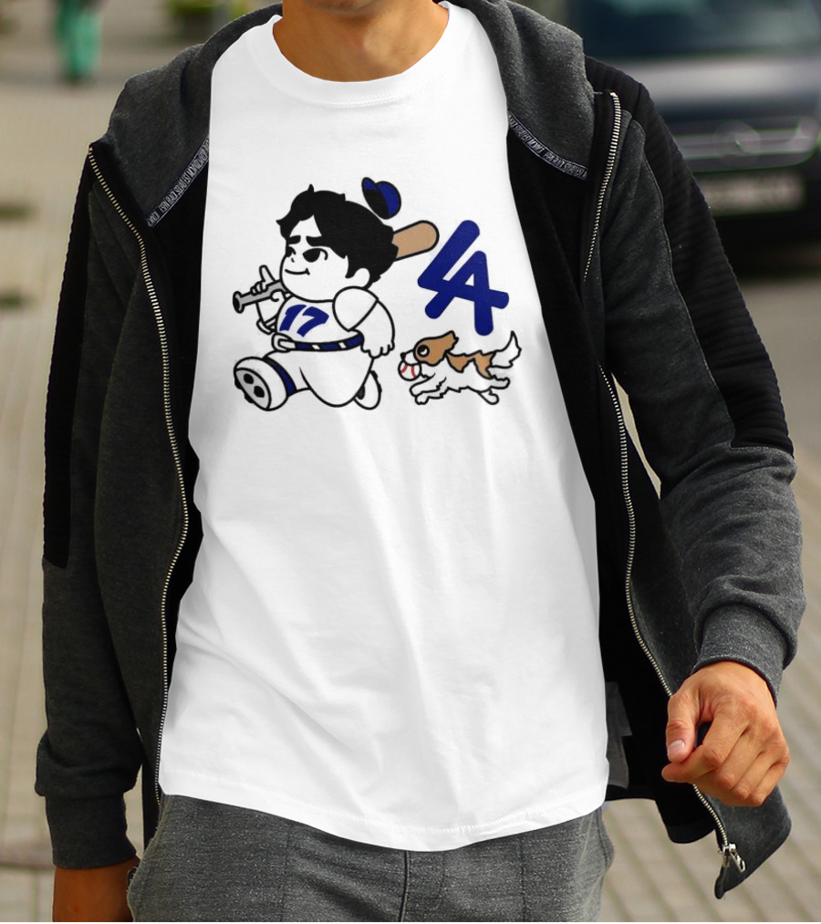 Chunkytani 10oz Fleece LA Baseball Dog And Player With Bat 17 T-Shirt