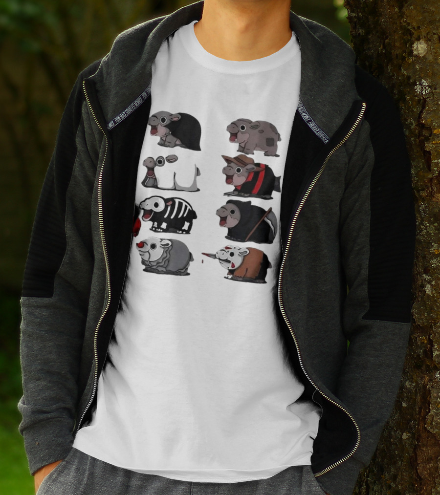 Scary Hippo Moo Deng In Horror Iconic Film Characters T-Shirt