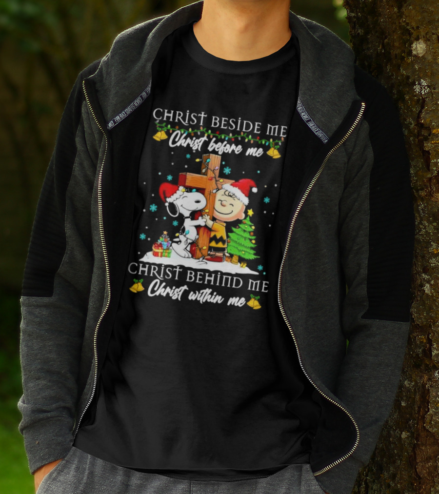 Charlie Brown Snoopy Christ Beside Me Before Me Behind Me Within Me Christmas Scene T-Shirt