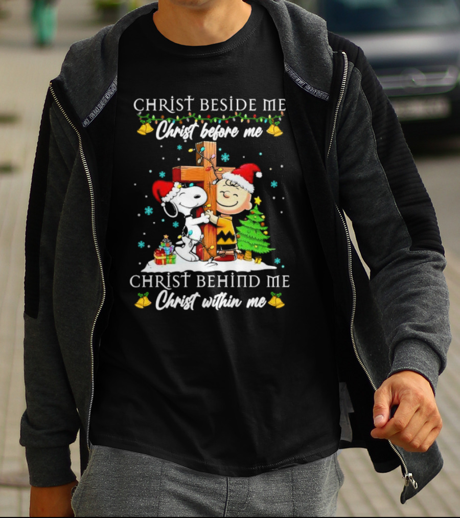 Charlie Brown Snoopy Christ Beside Me Before Me Behind Me Within Me Christmas Scene T-Shirt