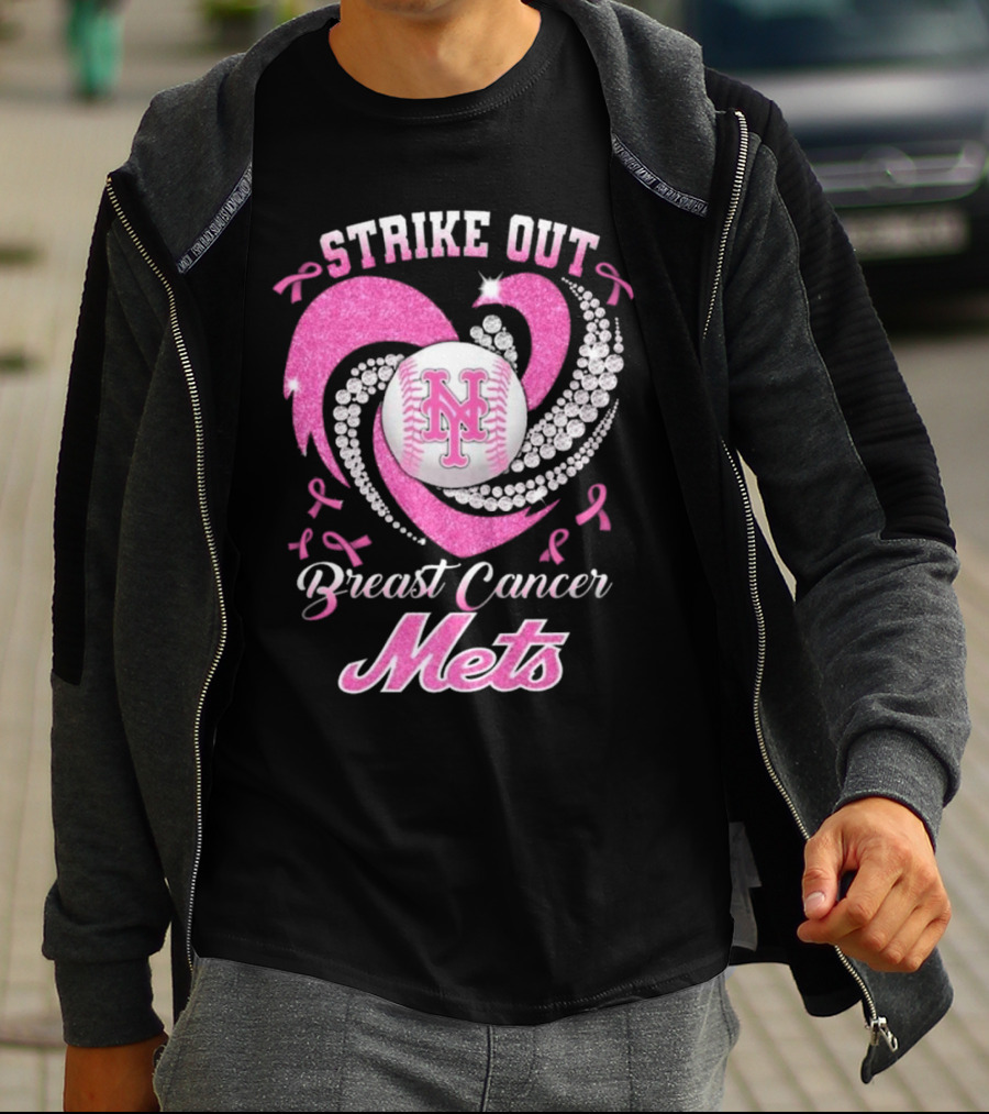 Strike Out Breast Cancer Mets Heart Diamond New York Mets T-Shirt