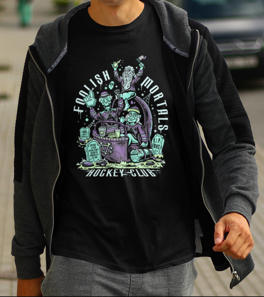 Foolish Mortals Hockey Club With Tombstones And Ghostly Characters T-Shirt