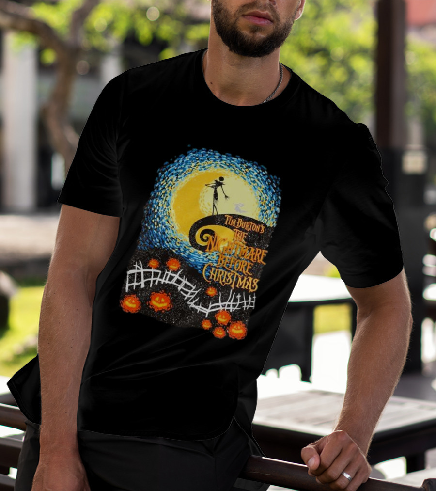 Tim Burton's The Nightmare Before Christmas Starry Night Vintage Pumpkin Fence T-Shirt