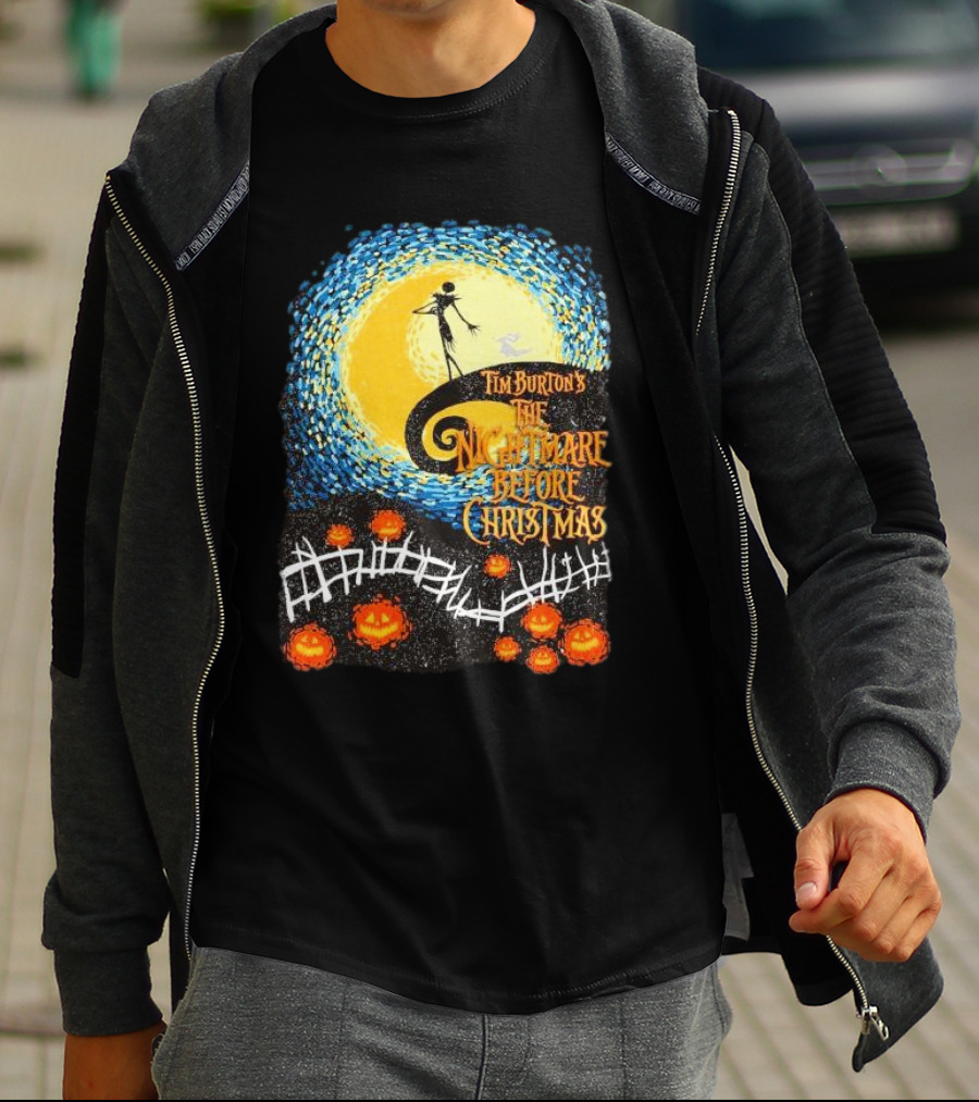Tim Burton's The Nightmare Before Christmas Starry Night Vintage Pumpkin Fence T-Shirt
