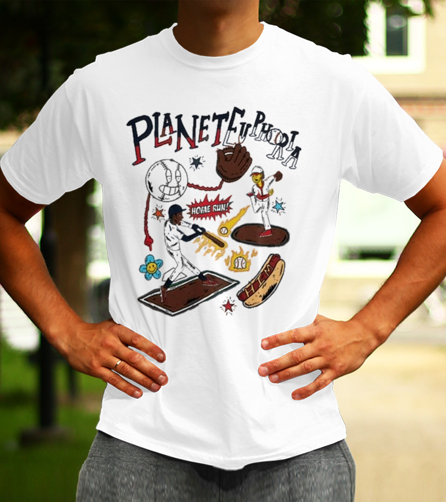 Planet Euphoria Baseball Home Run Hot Dog Illustration With Players And Glove T-Shirt