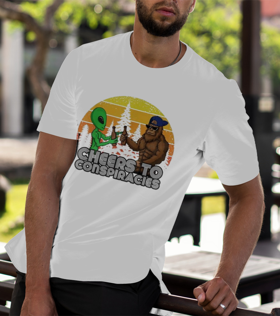 Alien And Bigfoot Cheers To Conspiracies In Retro Sunset Forest T-Shirt