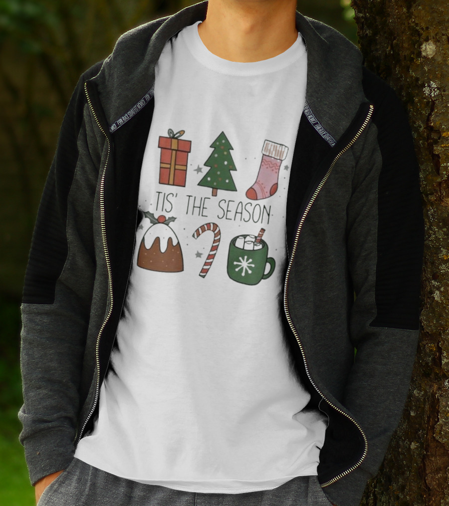'Tis The Season Christmas Tree Stocking Gift Candy Cane Hot Chocolate T-Shirt