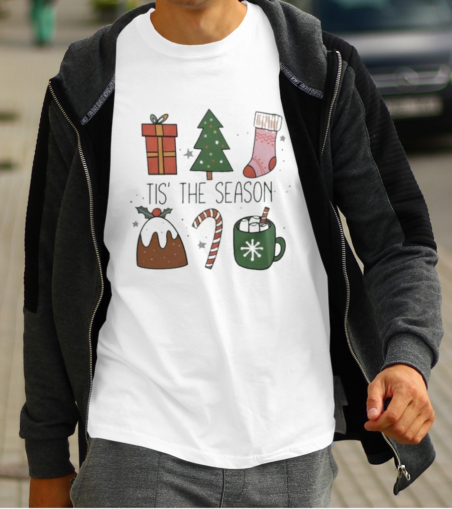 'Tis The Season Christmas Tree Stocking Gift Candy Cane Hot Chocolate T-Shirt