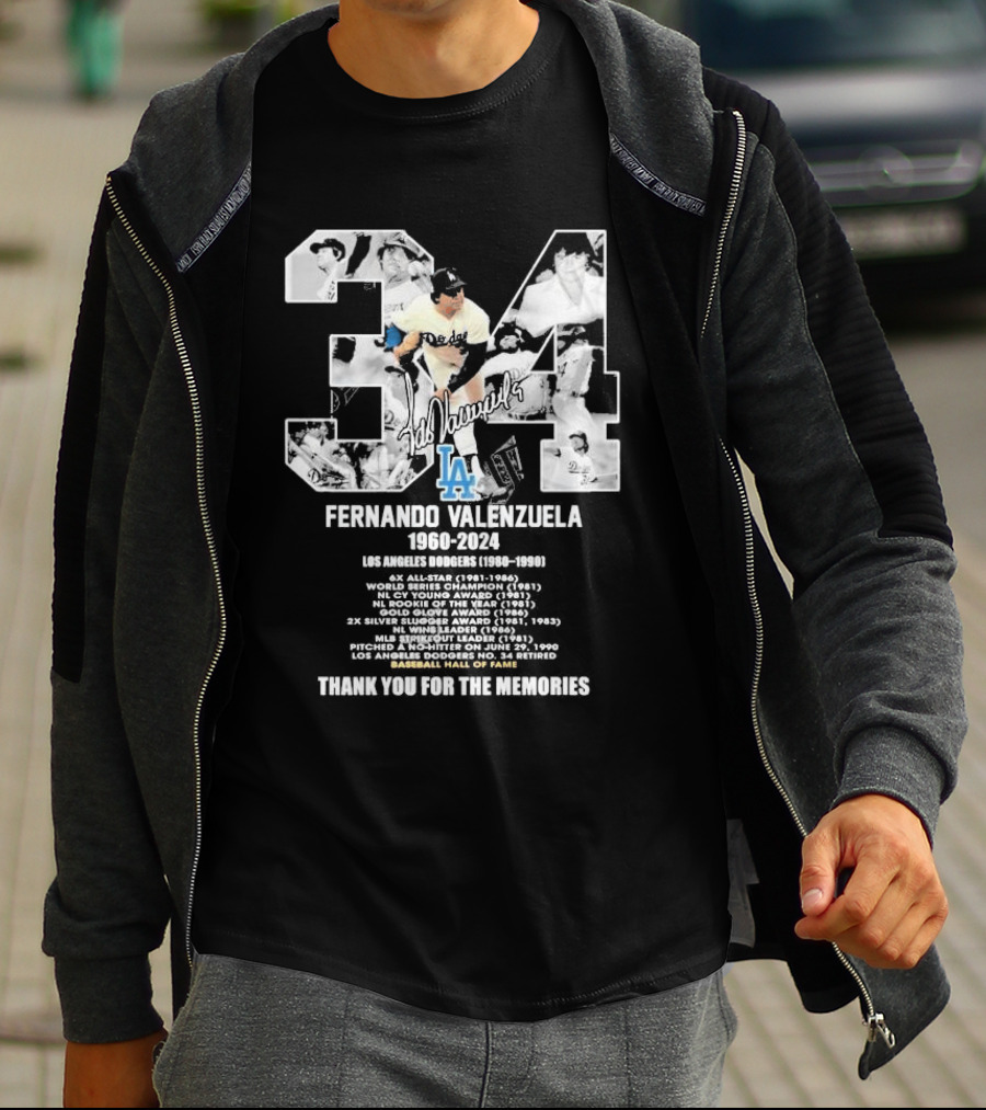 Fernando Valenzuela Los Angeles Dodgers 1980-1991 Baseball Hall Of Fame Thank You For The Memories 34 Signature T-Shirt