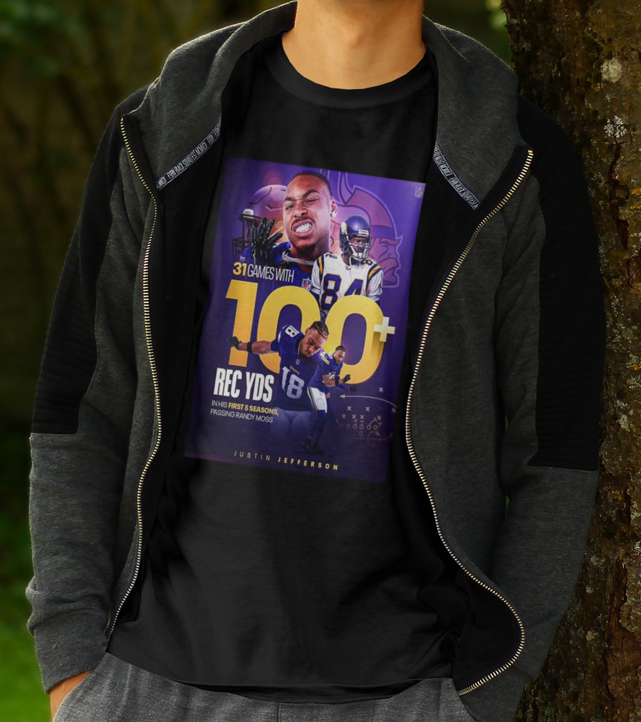 Justin Jefferson 31 Games 100+ Rec Yds First 5 Seasons Passing Randy Moss T-Shirt