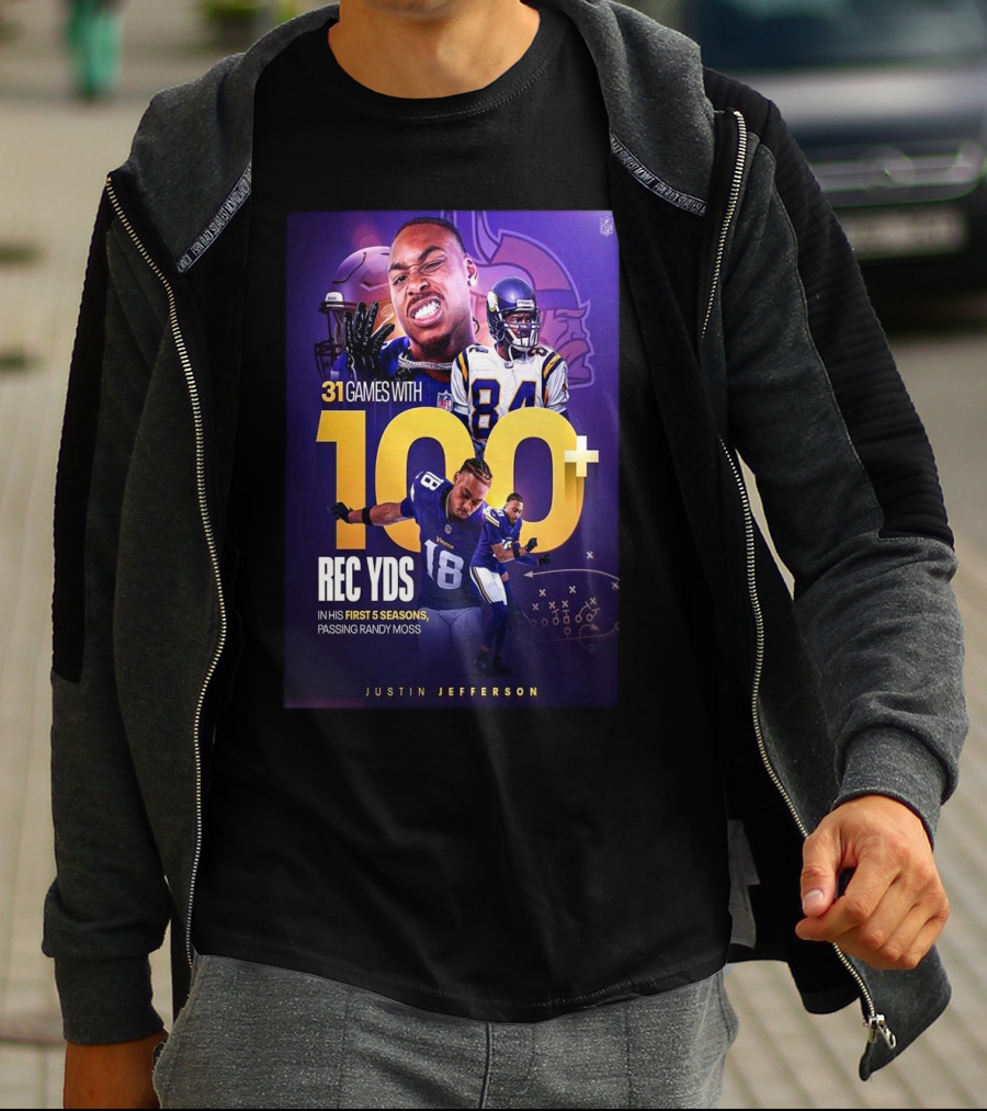 Justin Jefferson 31 Games 100+ Rec Yds First 5 Seasons Passing Randy Moss T-Shirt