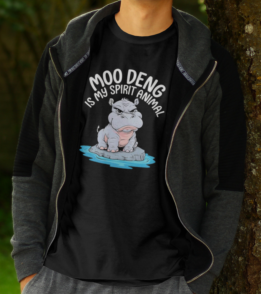Moo Deng Is My Spirit Animal Cartoon Hippo On Rock In Water T-Shirt
