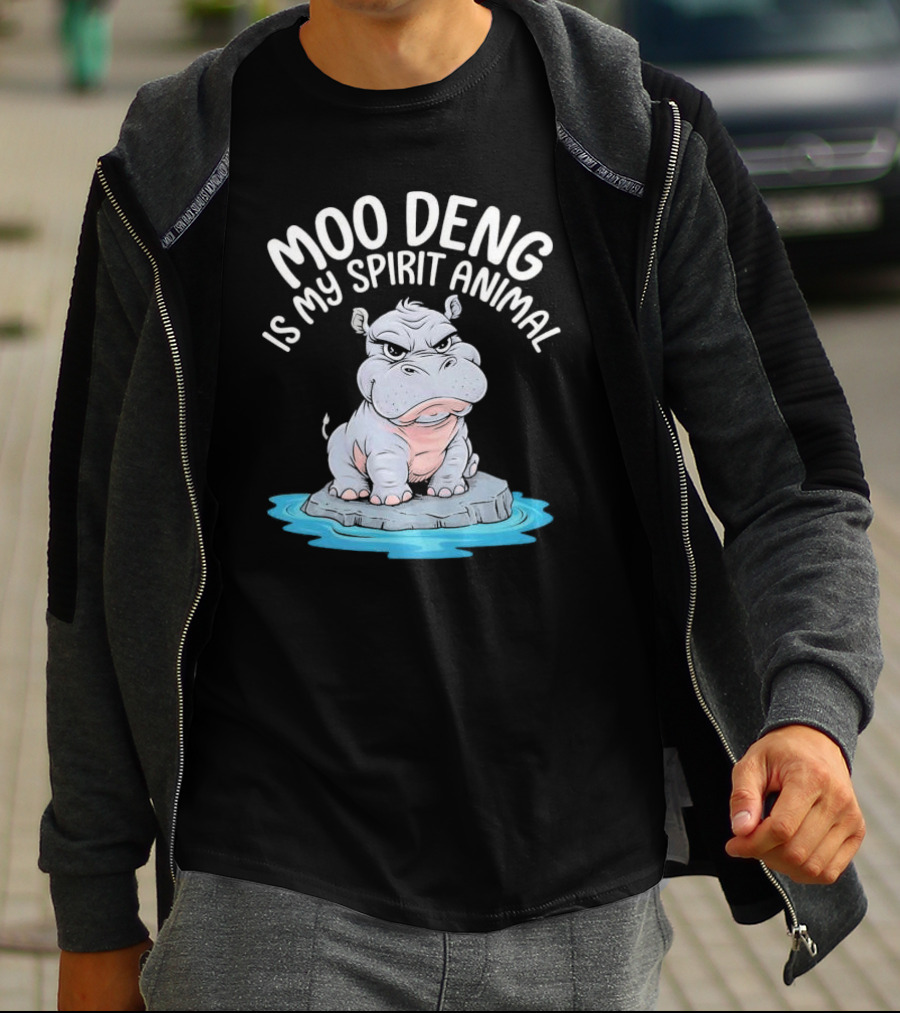 Moo Deng Is My Spirit Animal Cartoon Hippo On Rock In Water T-Shirt