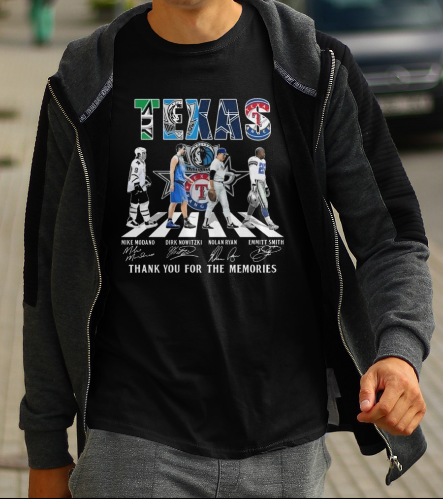Texas Legends Mike Modano Dirk Nowitzki Nolan Ryan Emmitt Smith Thank You For The Memories T-Shirt