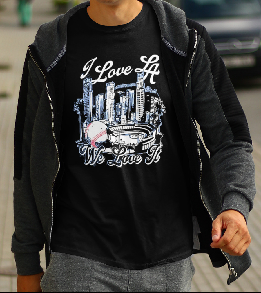 I Love LA Dodgers We Love It Los Angeles Skyline Baseball Stadium T-Shirt