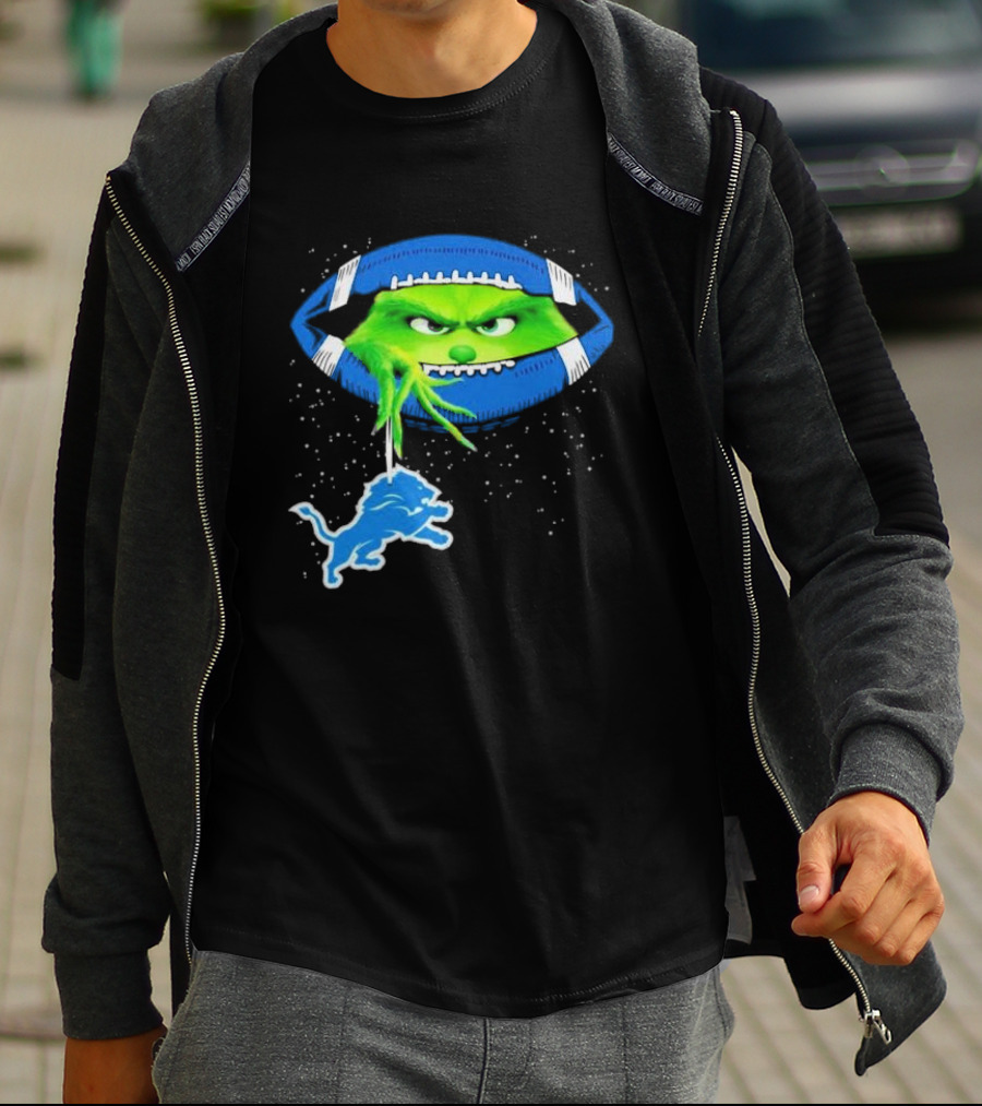 Grinch Holding Detroit Lions Logo Inside Football Christmas T-Shirt