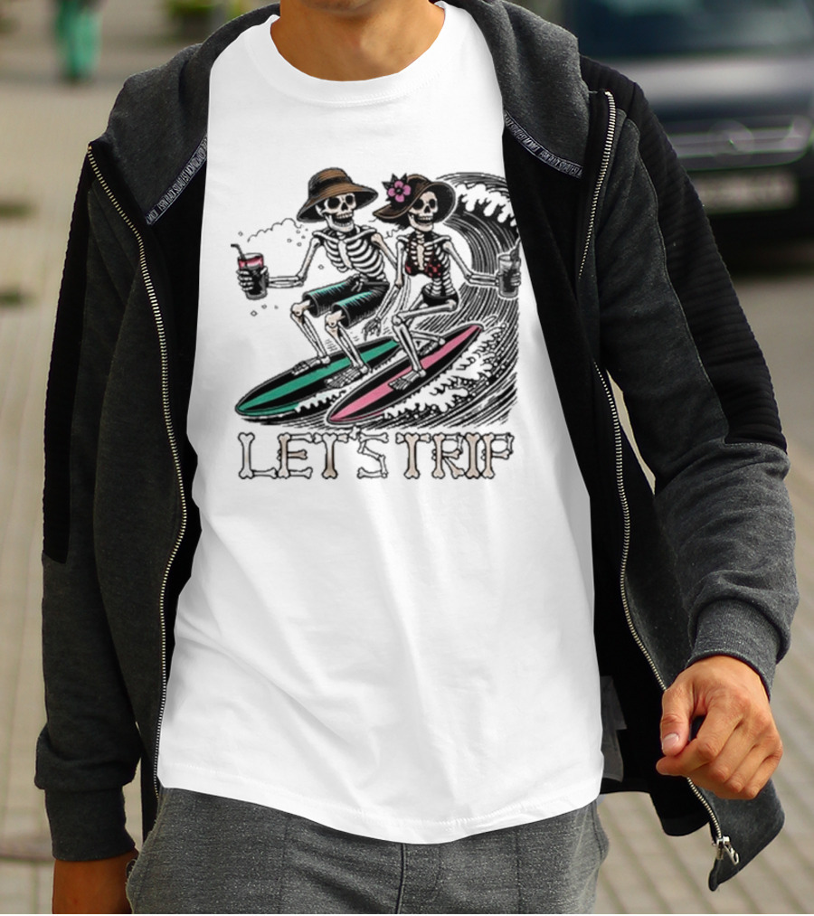 Let’s Trip Skeleton Surf Beach Vibes Retro Skeletons Surfing Waves T-Shirt
