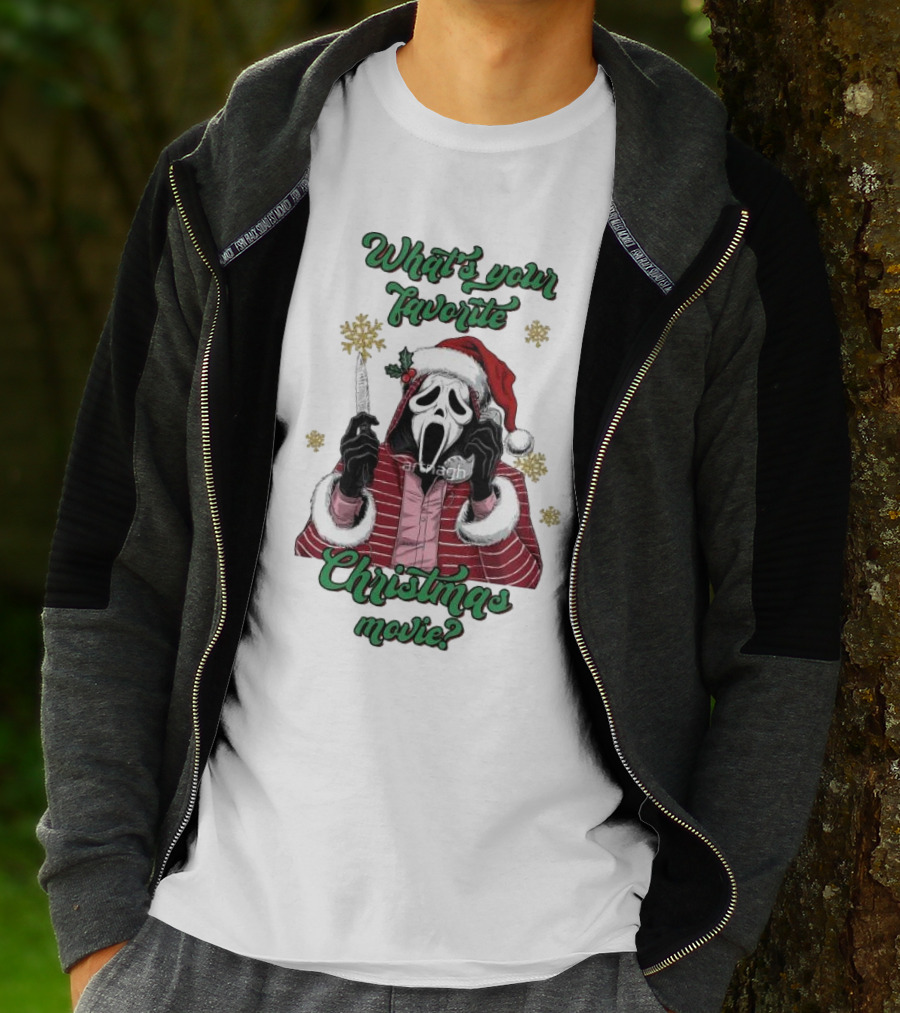 What’s Your Favorite Christmas Movie Santa Skeleton Ghost Face Costume T-Shirt