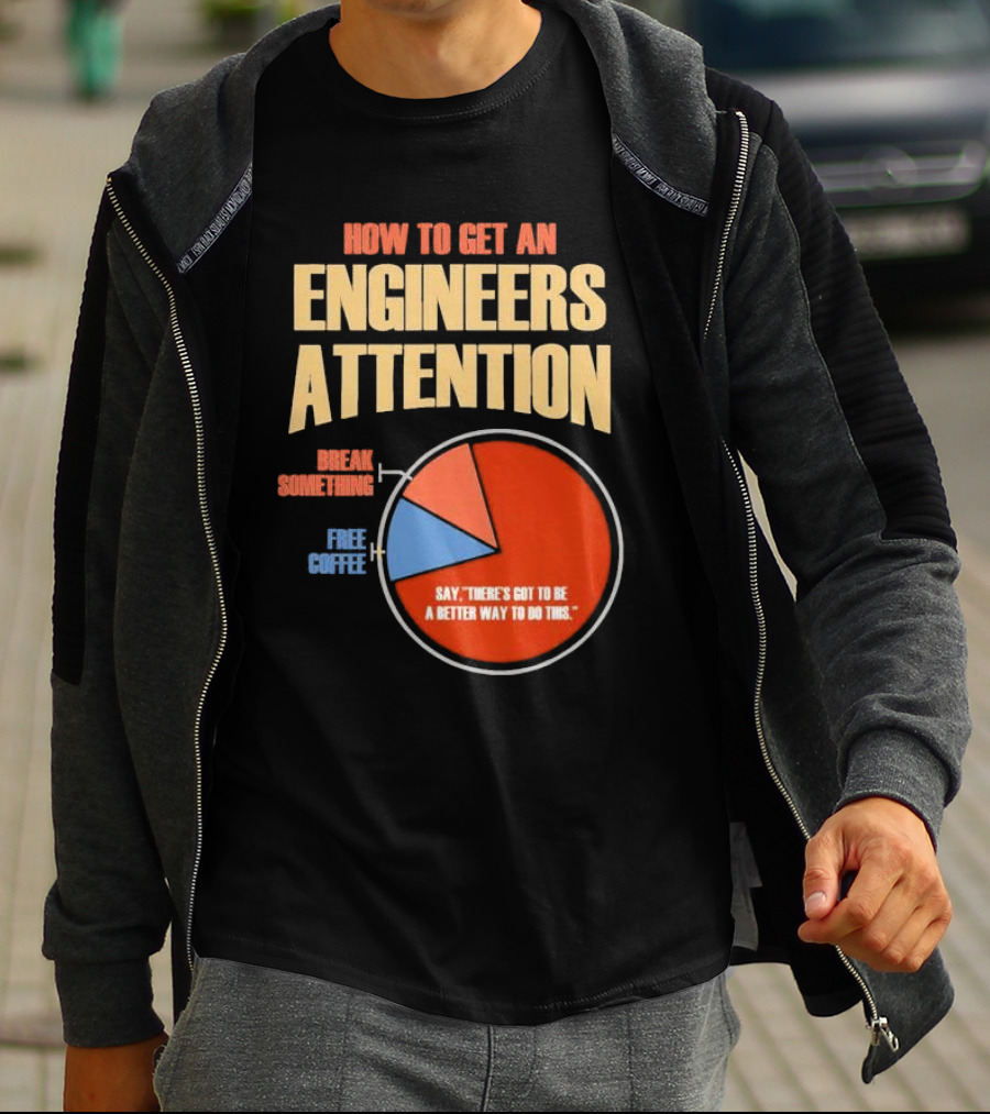 How To Get An Engineers Attention Pie Chart Break Something Free Coffee Say There's Got To Be A Better Way To Do This T-Shirt