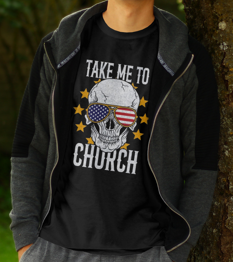 Take Me To Church Skull American Flag Sunglasses T-Shirt