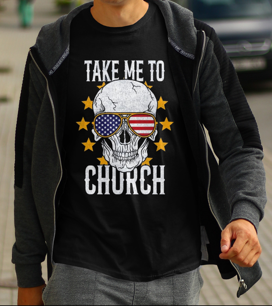 Take Me To Church Skull American Flag Sunglasses T-Shirt