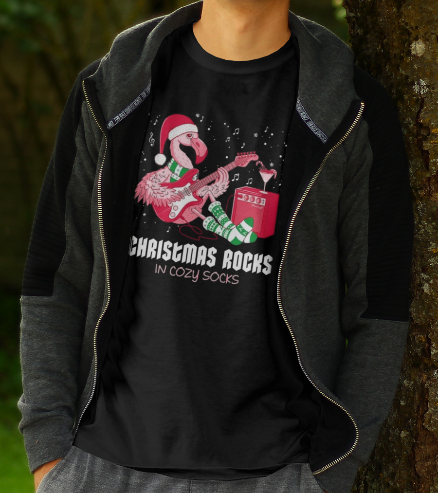 Christmas Rocks In Cozy Socks Flamingo Festive Vibes T-Shirt