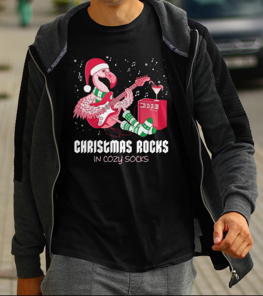 Christmas Rocks In Cozy Socks Flamingo Festive Vibes T-Shirt