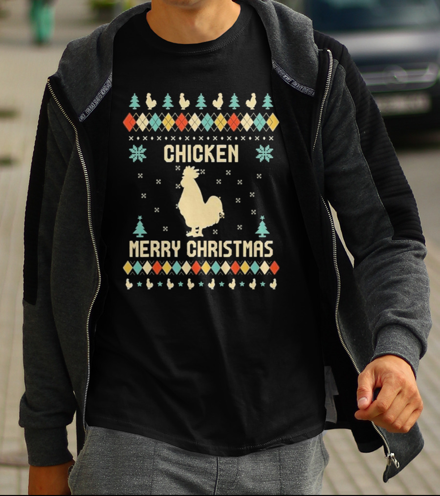 Chicken Merry Christmas Snowflakes Trees Ugly T-Shirt
