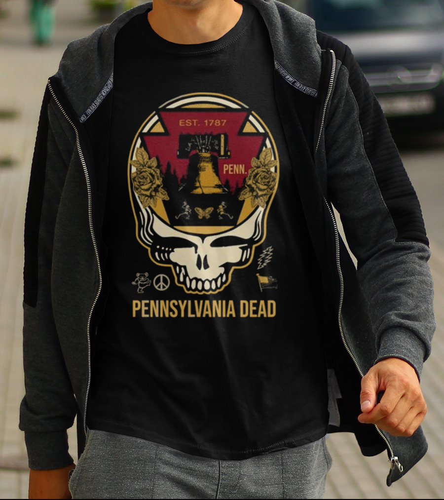 Pennsylvania Dead Est. 1787 Penn Skull With Liberty Bell And Roses T-Shirt