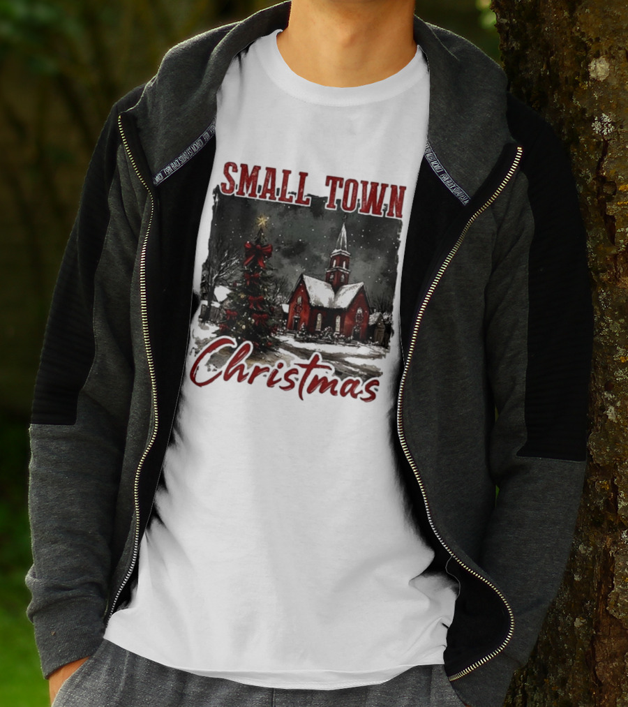 Vintage Retro Small Town Christmas Church Scene T-Shirt