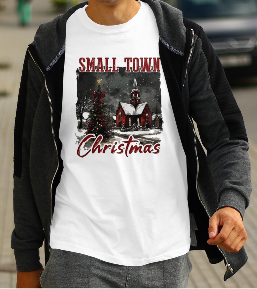 Vintage Retro Small Town Christmas Church Scene T-Shirt