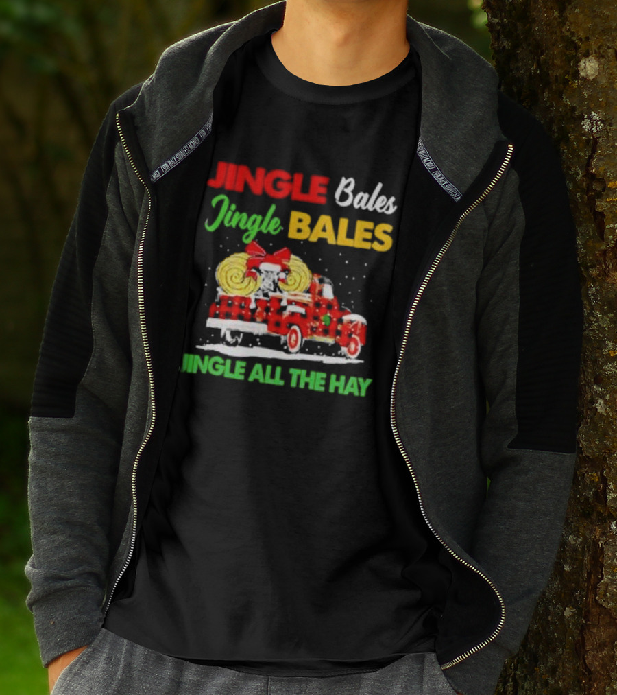 Jingle Bales Jingle Bales Jingle All The Hay With Red Plaid Truck And Christmas Hay Bales T-Shirt