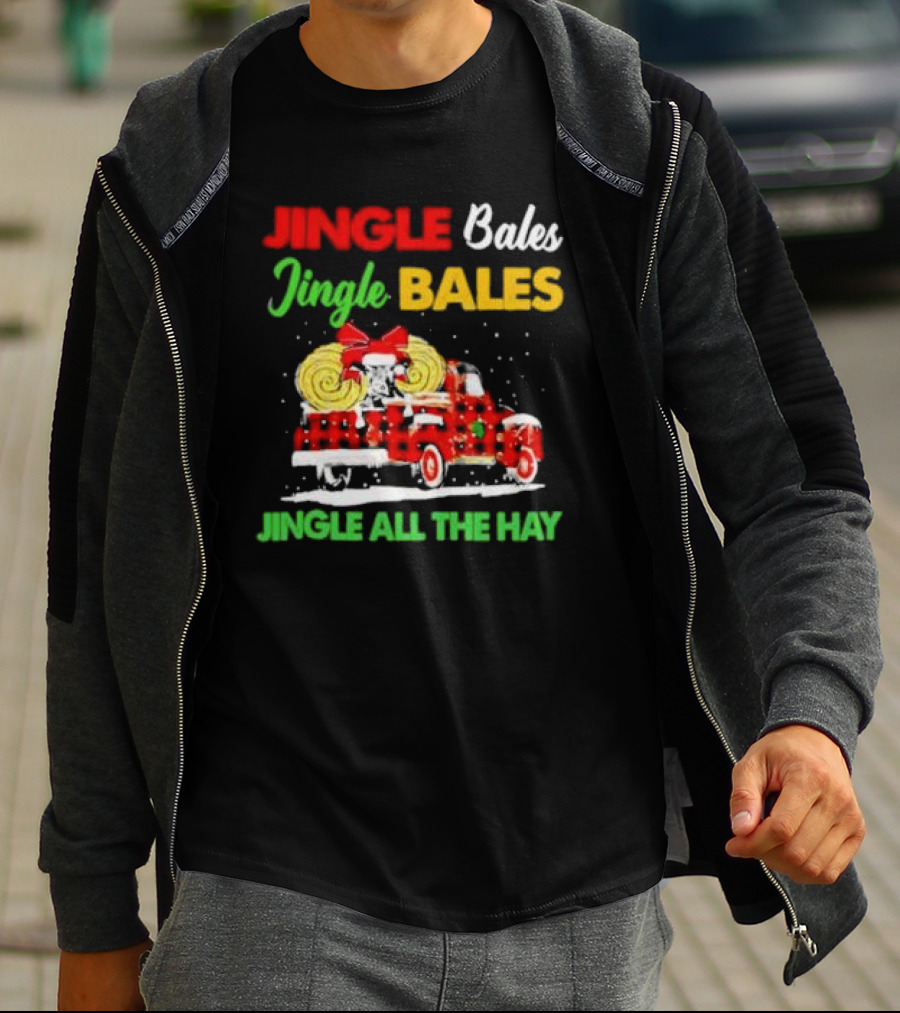 Jingle Bales Jingle Bales Jingle All The Hay With Red Plaid Truck And Christmas Hay Bales T-Shirt