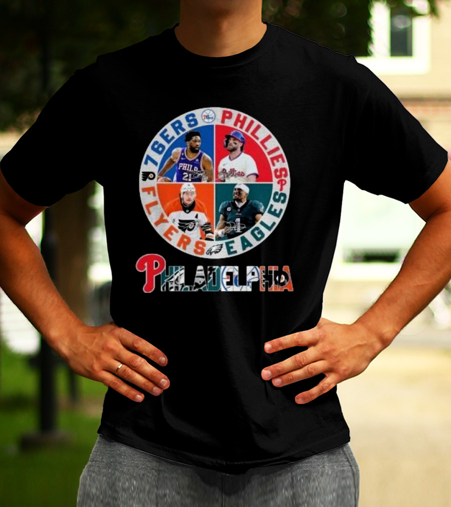 76ers Phillies Flyers Eagles Philadelphia Team Signatures T-Shirt