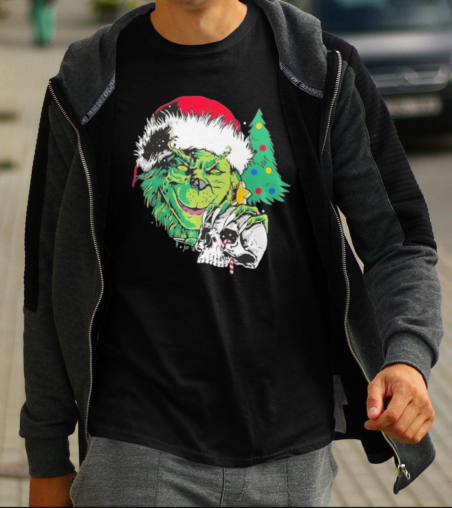 Grinch Santa Hat Skull Christmas Tree Scene T-Shirt